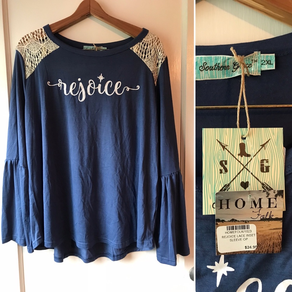 Rejoice Bell Sleeve Top w/ Shoulder Crochet Detail